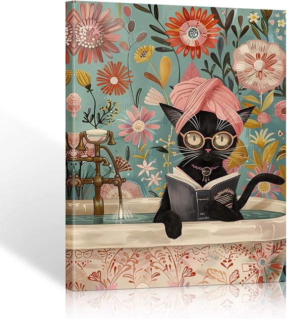 HYFBH Funny Black Cat Bathroom Canvas Wall Art Framed, Original Cute Cat Prints Pictures Aesthetic Posters Wall Decor for Bedroom Bathroom Toilet Kids Room Art Paintings (12"x16", Wrapped Canvas)