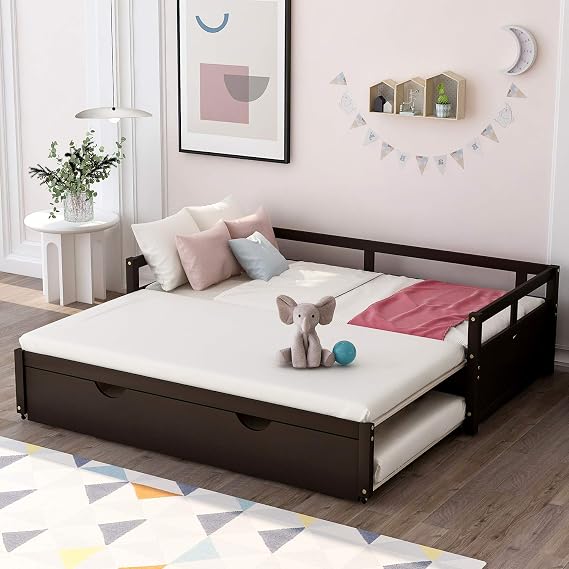 Bellemave Extendable Daybed with Trundle Beds for Kids Teens Adults, Wooden Daybed with a Pull Out Trundle, Twin to King Design Extending Bed, No Box Spring Required, Espresso
