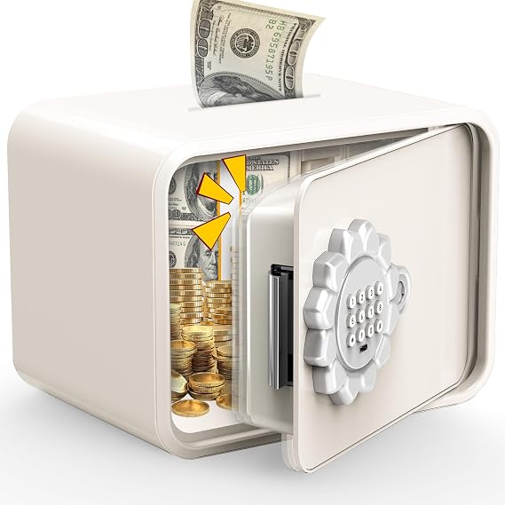 Mini Safe Box, Small Digital Security Safe Box with Keypad Lock, Small Safes for Kids with Auto Door/Coin & Bill Slot for Cash, Jewelry & Valuables, Home/Office/Hotel Use, 6.5"D9.3"W7.1"H (White)
