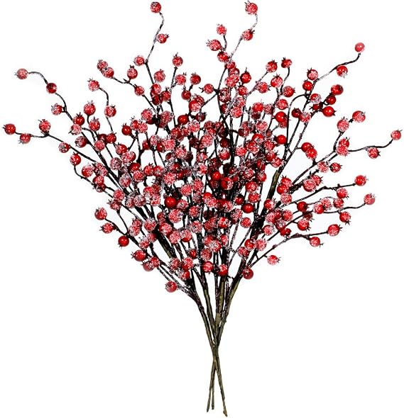 4 Pack ICY Red Berry Picks Artificial Christmas Berry Spray Iced Berry Stems Red Berry Twig Branches for Christmas Holiday Winter Floral Arrangement Centerpiece Seasonal Decoration 18.8" Tall