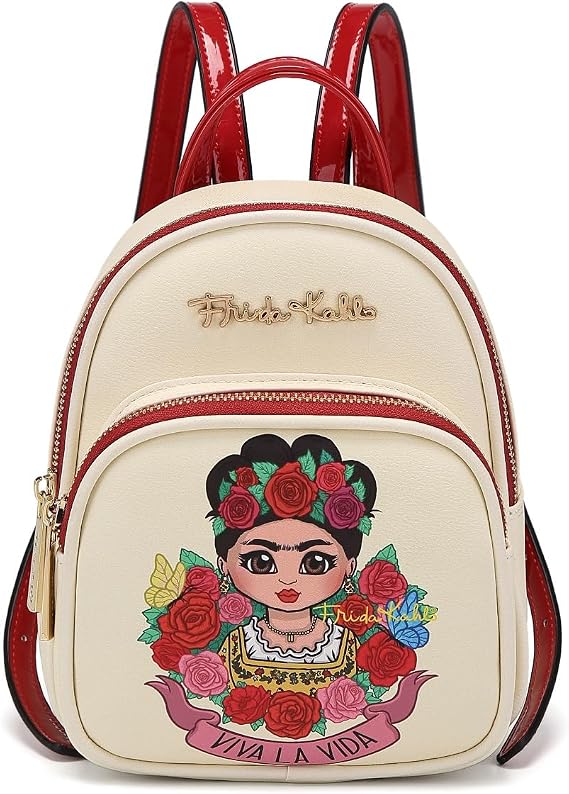 Frida Kahlo Artistic Mini Backpack, Cream and Red Patent Leather, Mexican Folk Art Design with Rose Floral Pattern, Fashion Accessory