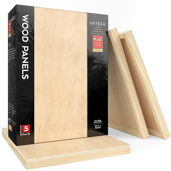 ARTEZA Wooden Canvas Board, 9x12 Inch, Pack of 5 | Unfinished Cradled Birch Wood Panels for Painting, Acrylic Pouring, Encaustic Art & Wood Burning