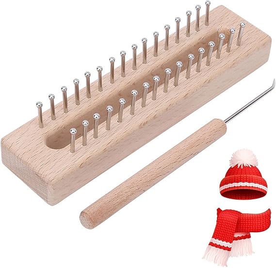 Beufee Wooden Knitting Loom, with Elbow Crochet Hook, Rectangular HandWeaving Machine Knitting Board 32 Pegs for Scarf Sweater Shawl Hat Craft