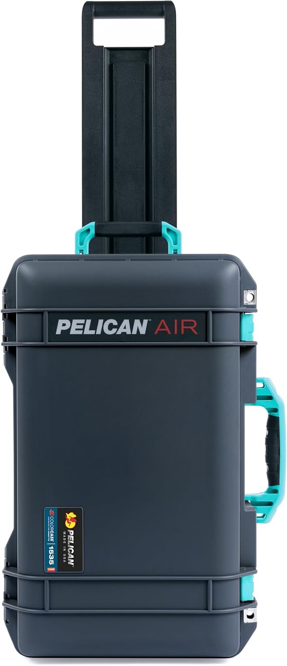 Charcoal Pelican 1535 Air case with Teal Handles & latches.  empty & with wheels.