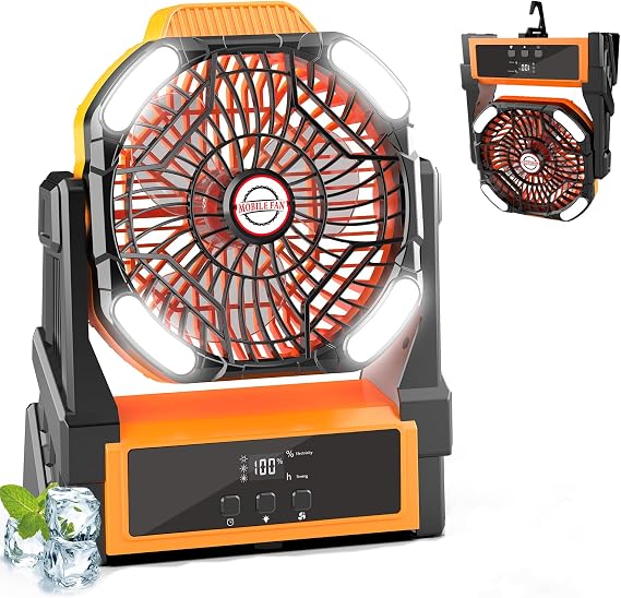 Sendowtek Camping Battery Fan Portable 20000mAh, Rechargeable with LED Light 4 Wind Modes Timer Switch USB Large Battery Table Desk Fan for Outdoor Indoor Travel Cooling