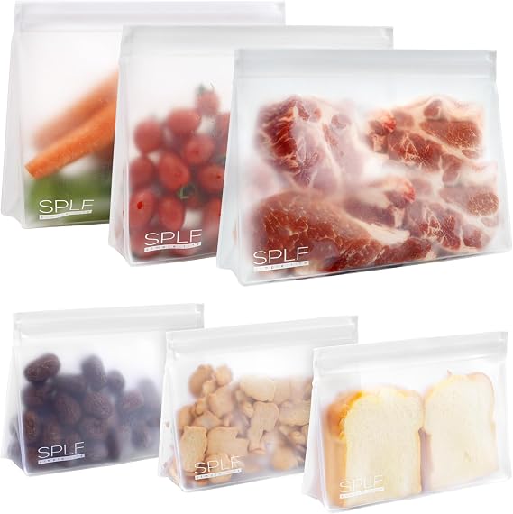 SPLF 6 Pack Dishwasher Safe Reusable Freezer Bags, Reusable Food Bags, BPA FREE Ziplock Bags Stand Up Extra Thick Leakproof Silicone and Plastic Free Zipper Sandwich Snack Lunch Bags