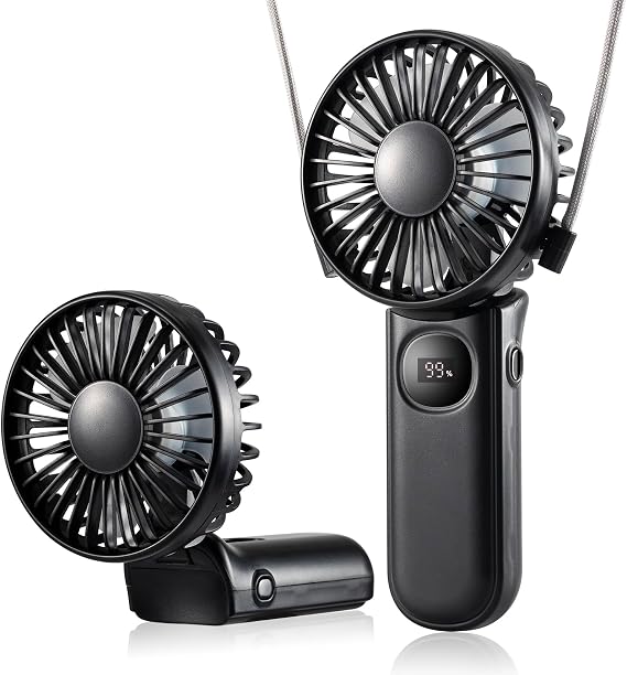 Leimaq Handheld Mini Fan, 3 in 1 USB Rechargeable Small Portable Fan for Travel, 3000mAh Battery Operated with LED Display, 180 Foldable with 5 Speed Wind (Black)