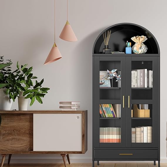 73" Tall Arched Storage Cabinet, Arched Metal Display Cabinet with Glass Doors, 2 Adjustable Shelves & Drawer, Modern Farmhouse Bookcase, Versatile Pantry Cabinets for Living/Dinning Room, Black