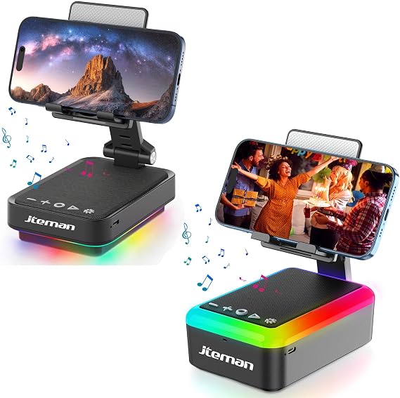JTEMAN Cell Phone Stand with Bluetooth Speaker and Rhythm-Synced Light, Unique Birthday Gift Ideas