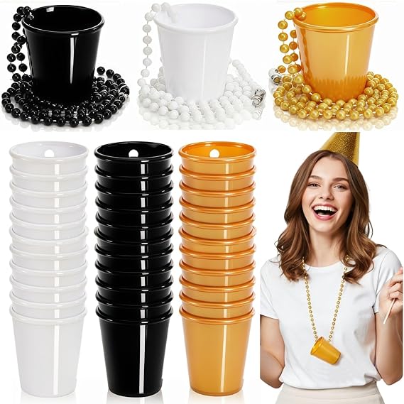 Cididu 36 Pack Shot Glass on Beaded Necklace, Disposable Mini Plastic Shot Cups Black Gold White, Bulk Party Shot Glasses for Bachelorette, Adult Party Favor for New Year Eve Graduation Mardi Gras