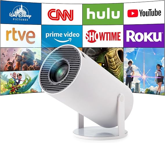 HY300 Mini Projector, Pro 4K Smart Projector with Automatic Keystone Correction, Portable, Android 11, Wi-Fi 6, Bluetooth 5, 180 Degree, 130 Inch Display (White)