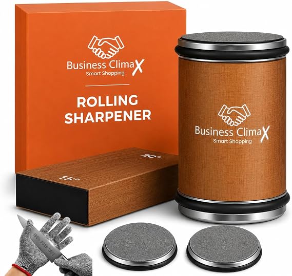 Rolling Knife Sharpener Kit 400 & 1000 Grit Diamond Discs, 15/20 Degree Adjustable Angle, High Carbon Stainless Steel, Includes Glove & Finger Guard