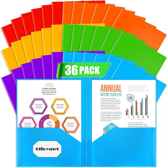Officygnet 36 Packs 2 Pocket Folders, Bulk Durable Heavy Duty Plastic Folders for School and Office Supplies, Multicolor Two Pocket Folder for Letter Size Paper, 6 Colors