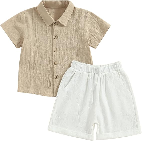 Karuedoo Toddler Baby Boy Clothes Cotton Linen Short Sleeve Button Down Shirt Shorts Set 2Pcs Summer Outfits