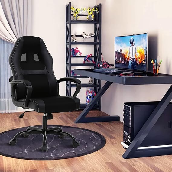 Executive PC Gaming Chair with Lumbar Support & Headrest - Ergonomic Leather Racer Task Chair for Home Office Gaming Room - Heavy Duty & Comfortable (Black)