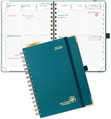 POPRUN 2026 Planner Daily Weekly and Monthly Calendar with Hourly ScheduleMedium Size 8.5 x 6.25 Wire-Bound Hard Cover - Agenda 2026 Jan.2026-Dec.2026, Monthly Tabs - Pacific Green