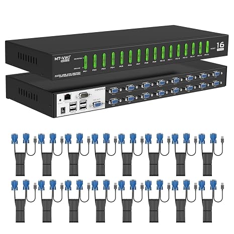 MT-VIKI IP KVM Switch 16 Port, Rackmount KVM Console Over IP, 1 Local & Remote Access, Support Hotkey & OSD, Included 16 VGA KVM Cables