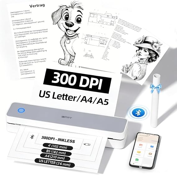 Portable Thermal Printer Wireless for Travel, 300DPI Inkless Small Printers