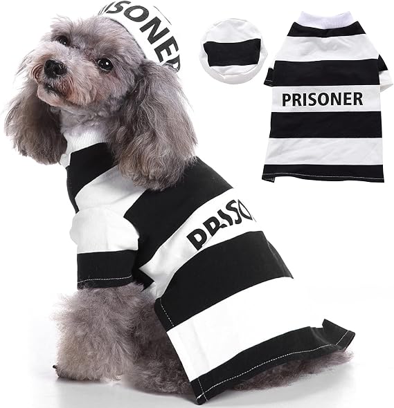 Dog Halloween Costumes Prisoner Prison Pooch Dog Costume for Small Medium Dogs, Pet Prisoner Clothes Puppy Cat Outfit with Hat for Christmas Birthday Cosplay Party Photo Props Accessories