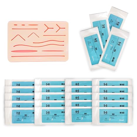 Suture Kit for Training & Practice (20 Silk Sutures), Includes Practice Pad with 14 Pre-Cut Wounds, Thread & Needle, Medical & Nursing Student Training Pack