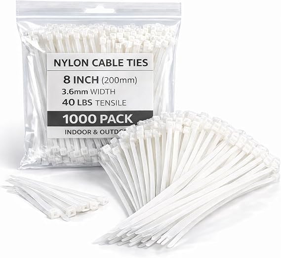 White Zip Ties 8 Inch 1000 Pack, 40 lbs Nylon Cable Ties, Self Locking UV Resistant Wire Ties for Wreath Crafts, DIY, Decor, Indoor Outdoor, Home and Garden