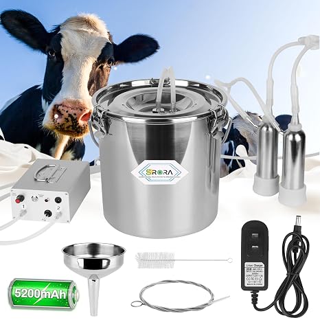 5L Cow Milking Machine, Rechargeable Battery Adjustable Pulse Vacuum Electric Cow Milking Machine,Portable Milking Machine,Individual Pulsation Adjustment, Udder Protection