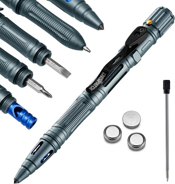Dispatch Military Tactical Pen - 8 in 1 Professional Self Defense Pen with Flashlight - Multitool EDC Pen for Men & Women, Tactiacl Gear & Gifts + Glass Breaker + Ballpoint Pens+ 3 Batteries.