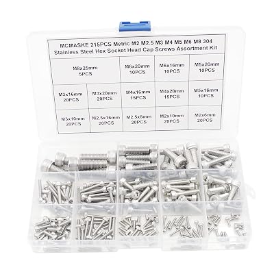 215PCS Metric M2 M2.5 M3 M4 M5 M6 M8 304 Stainless Steel Hex Socket Head Cap Screws Assortment Kit