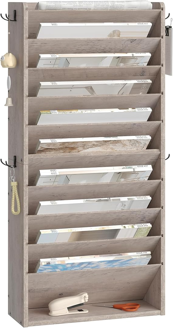 CHOEZON Wall File Organizer, 10-Tier Hanging Mail Organizer, Wall Mount File Holder with 4 Side Hooks, Industrial Mail and Storage Organizer, Wooden Vertical Hanging Holder for Office, Greige MWJ03FH