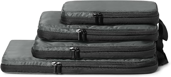 Amazon Essentials Ultralight Compression Packing Cubes, Recycled Fabric, 2 Zippers, 4-Pack, Grey, for Suitcases or Backpacks