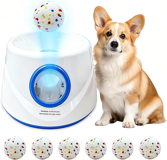 Automatic Dog Ball Launcher with 6 ETPU Tennis Balls, Dog Ball Thrower for Small & Medium Dogs, 3 Adjustable Distance 19-45FT, Interactive Dog Toy Ball Throwing Machine for Indoor/Outdoor, Blue