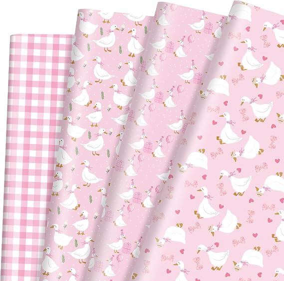 Pineraap 12 Sheets Goose Wrapping Paper, Farm Animal Gift Wrap Paper Cute Goose Gift Packing Paper Folded Flat for Girls Birthday Party Baby Shower DIY Crafts, 19.7 x 27.6 Inch, Pink