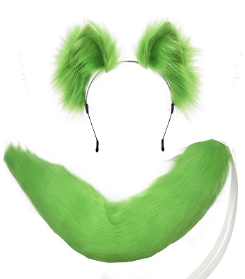 Agymo Oversize Green Wolf Ears and Tail set, Furry fox Ears Headbands Tail,Wolf Gifts for Women Men Teen Girls