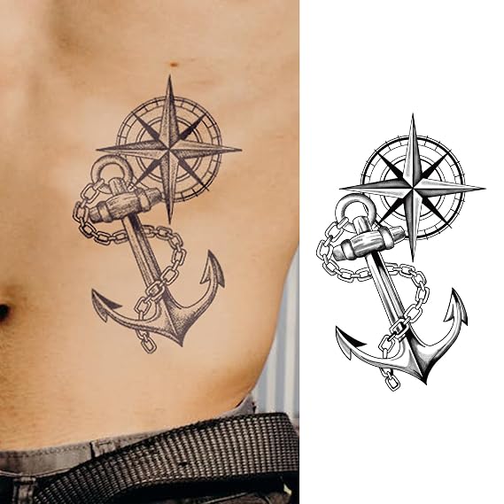 Large Anchor Temporary Tattoos for Men Nautical Compass Fake Tattoo