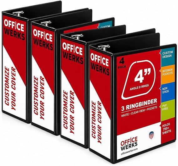 4 Inch Locking D-Ring Binder, 3 Ring Heavy Duty (4 Pack) - Black
