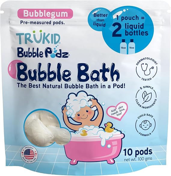 TruKid Bubble Podz Bubble Bath for Kids, Toddlers, Babies, Tear Free Gentle & Refreshing Bath Bomb for Sensitive Skin with Natural Moisturizers, Non-Toxic, pH Balanced, Bubble Gum Scent (10 Podz)