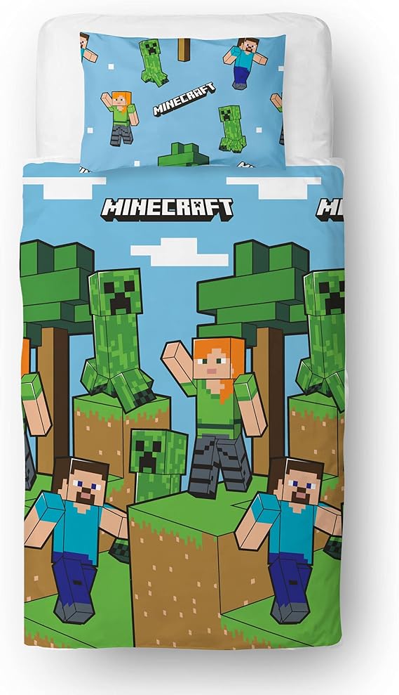 Minecraft Official Single Duvet Cover Set, Epic Design | Blue Reversible 2 Sided Bedding Duvet Cover Official Merchandise Including Matching Pillow Case