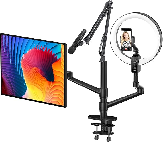 Viozon Selfie Desktop Live Stand Set 12" LED Ring Light 5 in 1 Monitor Laptop Arm Overhead Recording Height&Angle Adjustable Compatible with 17-32"Monitor"3.5-6.7"Phone/Camera for Live Steaming Gaming