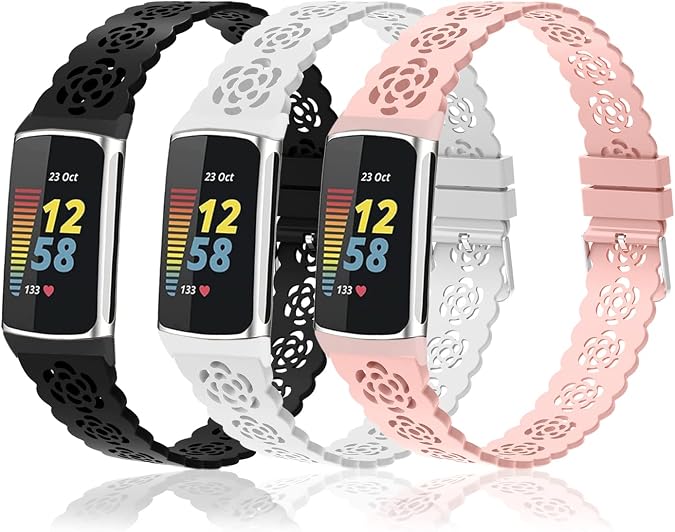 3-Pack Elastic Nylon & Slim Silicone Bands Compatible with Fitbit Charge 6/ Charge 5, Adjustable Breathable Replacement Stretchy Nylon Loop & Lace Silicone Wristband Sport Strap for Women Men