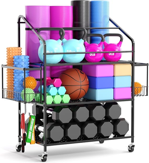 Houseables Workout Equipment Storage, Exercise Equipment Storage, Home Gym Organizer, Weight Rack for Home Gym, Kettlebell Rack, Weight Dumbbell Holder Cart, Yoga Organization Shelf, Rolling, 3 Tier