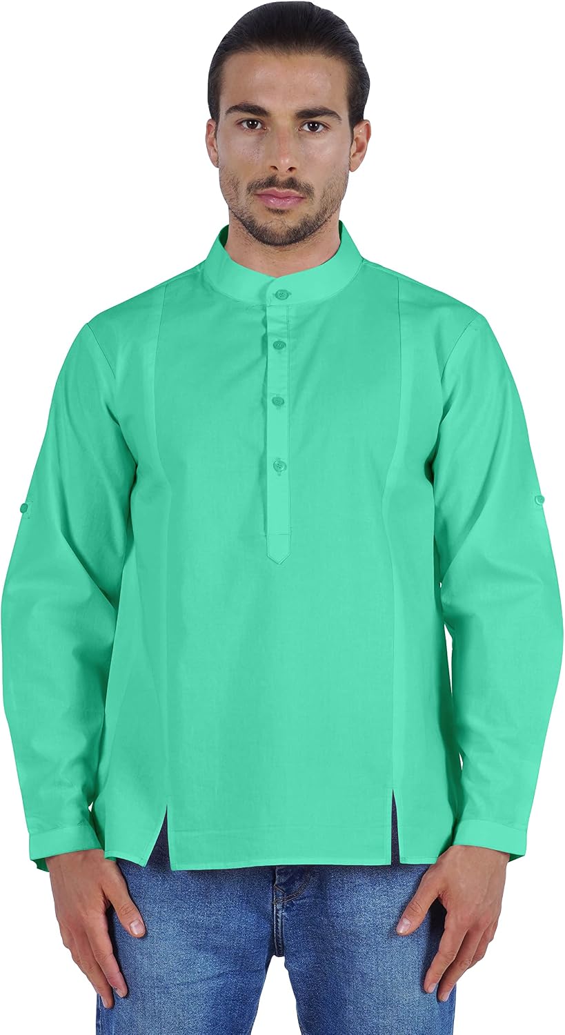 Atasi Indian Mens Henley Shirt Long Sleeve Casual Mandarin Collar Short Kurta