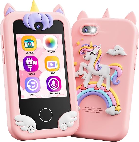 KOKODI Kids Smart Phone Toys, Birthday Gifts Unicorn Toddler Play Phone for Girls 3-10, Touchscreen HD Dual Camera Cell Phones for Kids, Travel Toys Preschool Learning Toy for Kid with 8GB SD Card