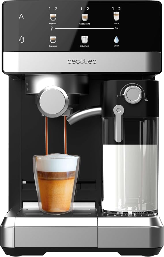 Cecotec Express Coffee Maker Power Espresso 20 Touch & Cream +. 1350W, 20Bars, Recipe Touch Screen, Foamer, Thermoblock, Milk Tank 500ml, Water 1.8L, Self-Cleaning, Accessories