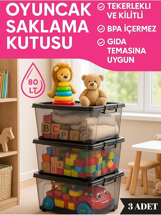 80 LT Büyük Boy Saklama Kutusu Kapaklı Plastik Organizer – Kamp Ekipmanları Depolama Kabı 3 adet