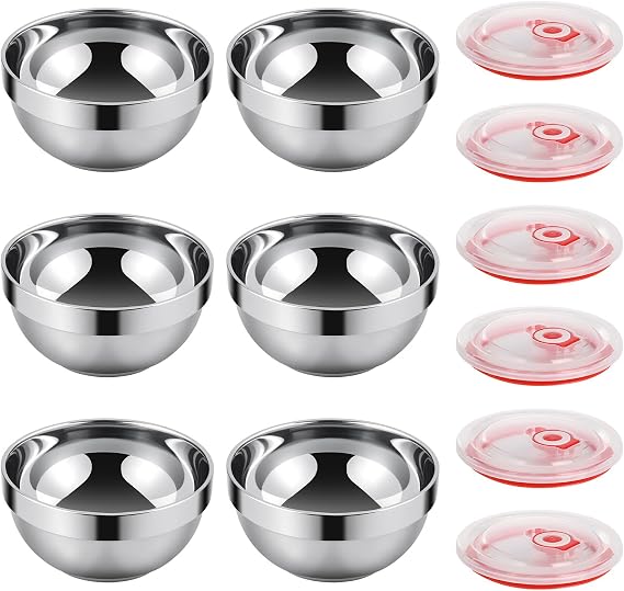 6 Set Stainless Steel Bowls for Kitchen,12oz Stainless Steel Bowl with Lids,Double Walled Insulated Soup Bowl, Metal Serving Eating Bowls for Snack,Cereal, Rice,Hot and Cold Food
