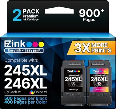 E-Z Ink 245XL 246XL Replacement for Canon Ink 245 and 246 XL for Cannon MG2522 TS3322 TR4500 MX490 MX492 TR4520 TR4522 TS3122 TS3300 TS3320 TS3100 MG2500 Printers(1 Black, 1 Color Combo)
