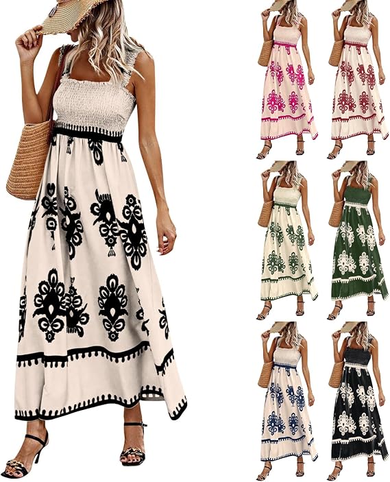 Maxi Dresses for Women 2025 Casual Cute Floral Long Sundresses for Beach Vacation Bohemian Smocked A Line Dress