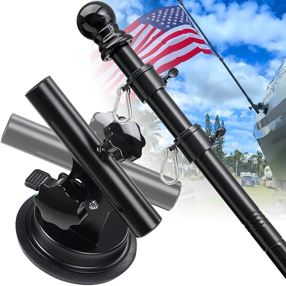 Flag Pole Kit with Suction Cup Holder - 5ft Stainless Steel Flagpole, 400lbs Suction Secure Mount with 0-90 Adjustable Angle - No Drill, Rustproof for Outdoor Camper,Rv, Boats,Truck,Suvs