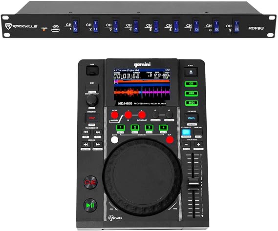 Gemini MDJ-600 Single Tabletop USB/CD Media Player DJ MIDI Controller w/4.3" LCD Bundle with Rockville RDF9U 1U 15A Rack Mount DJ Pro Audio Power Supply Strip w/USB Charging