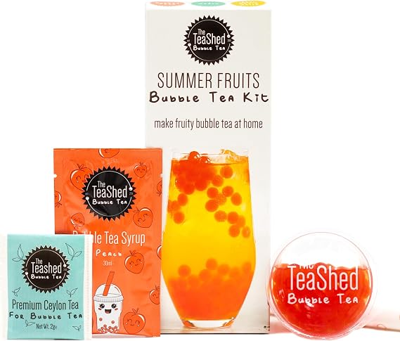 Summer Fruit Bubble Tea Kit | Fruit Boba Tea Set Includes Peach Syrup, Strawberry Popping Boba, Tea Bag and Paper Straw | by THE TEASHED
